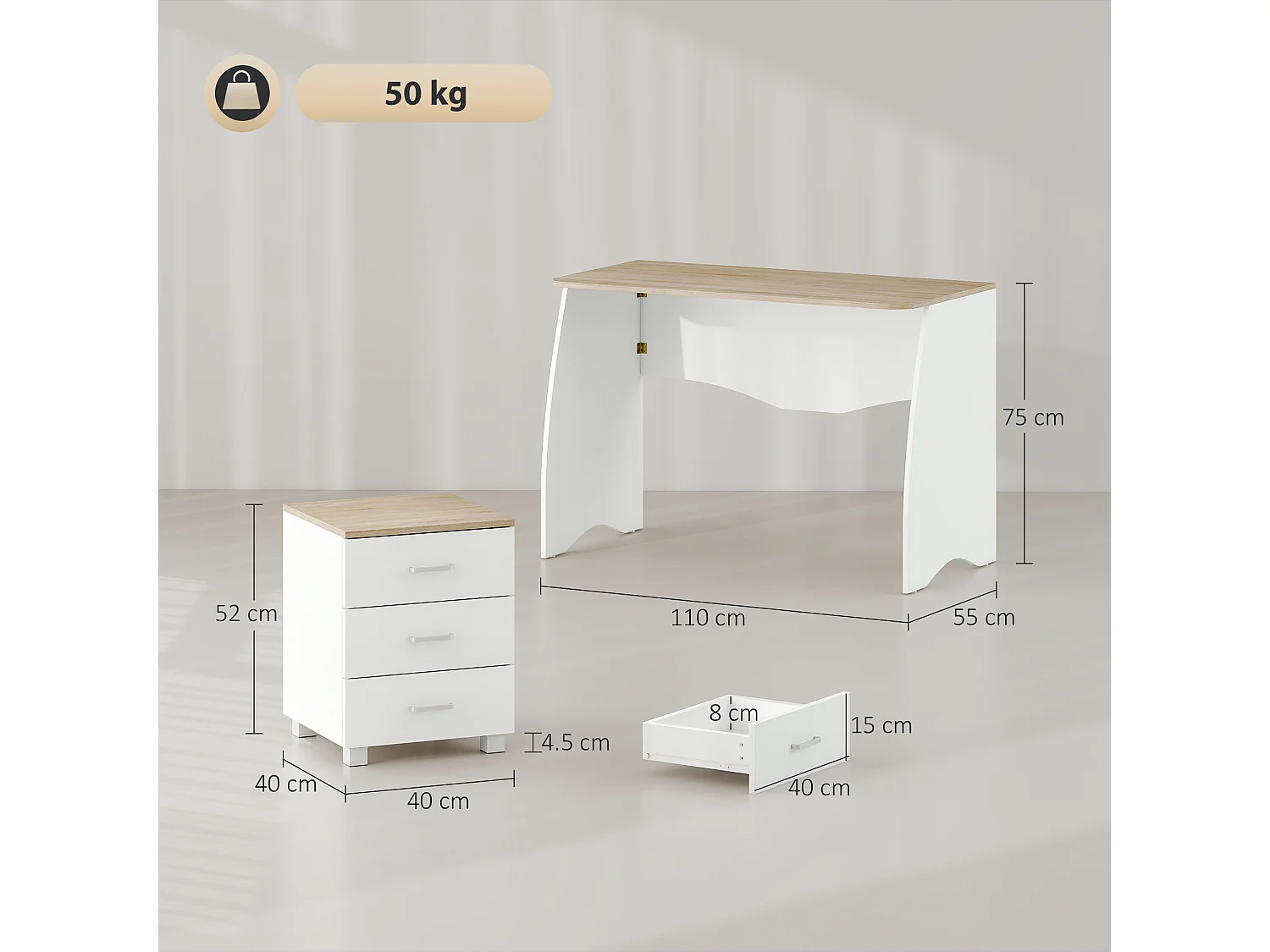 Scrivania con cassettiera moderna in legno per camera e ufficio