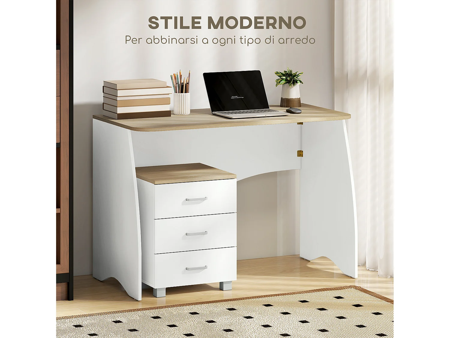 Scrivania con cassettiera moderna in legno per camera e ufficio