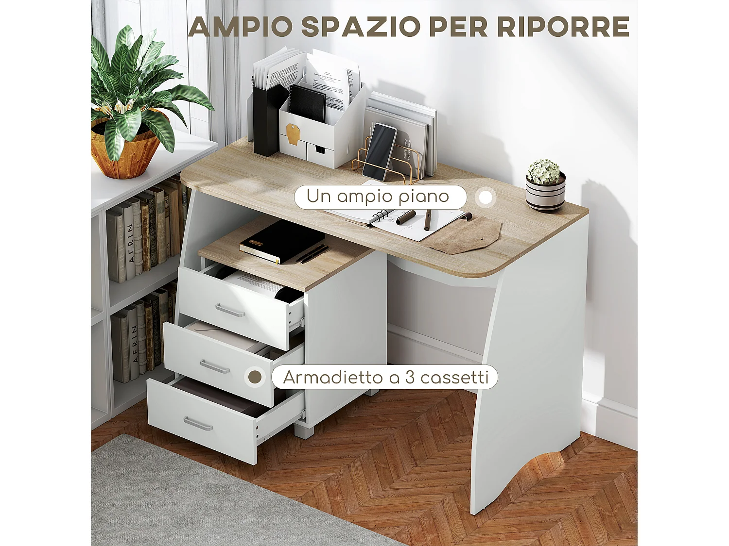 Scrivania con cassettiera moderna in legno per camera e ufficio