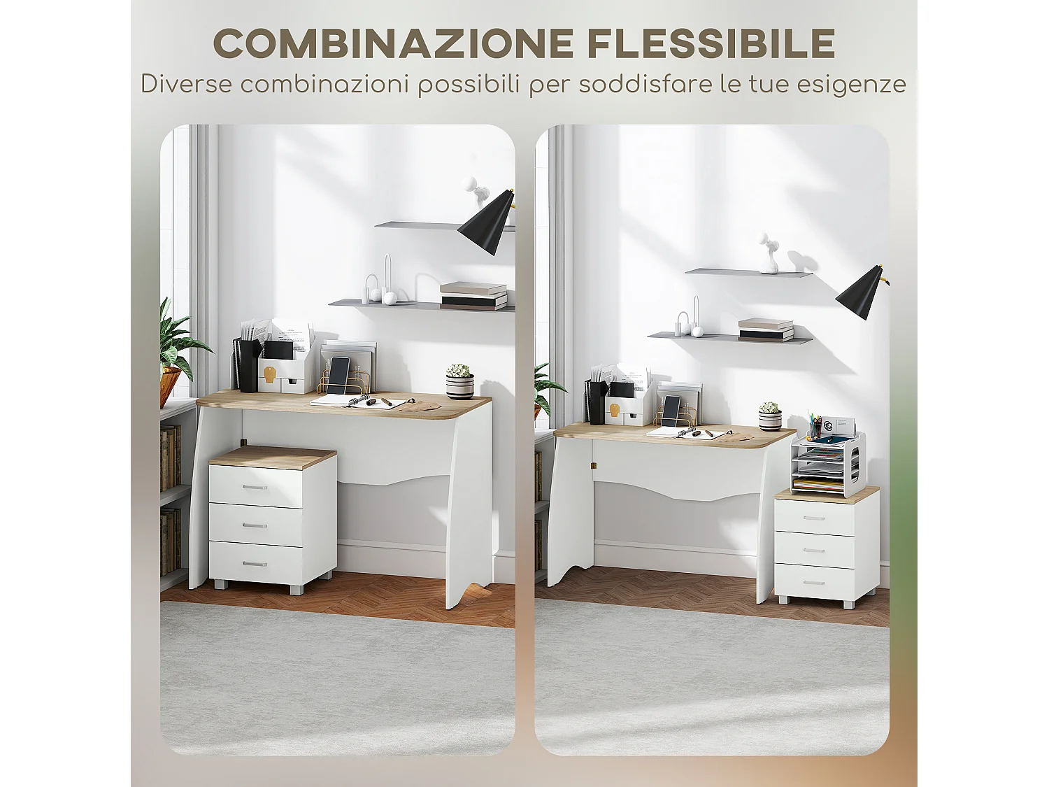 Scrivania con cassettiera moderna in legno per camera e ufficio