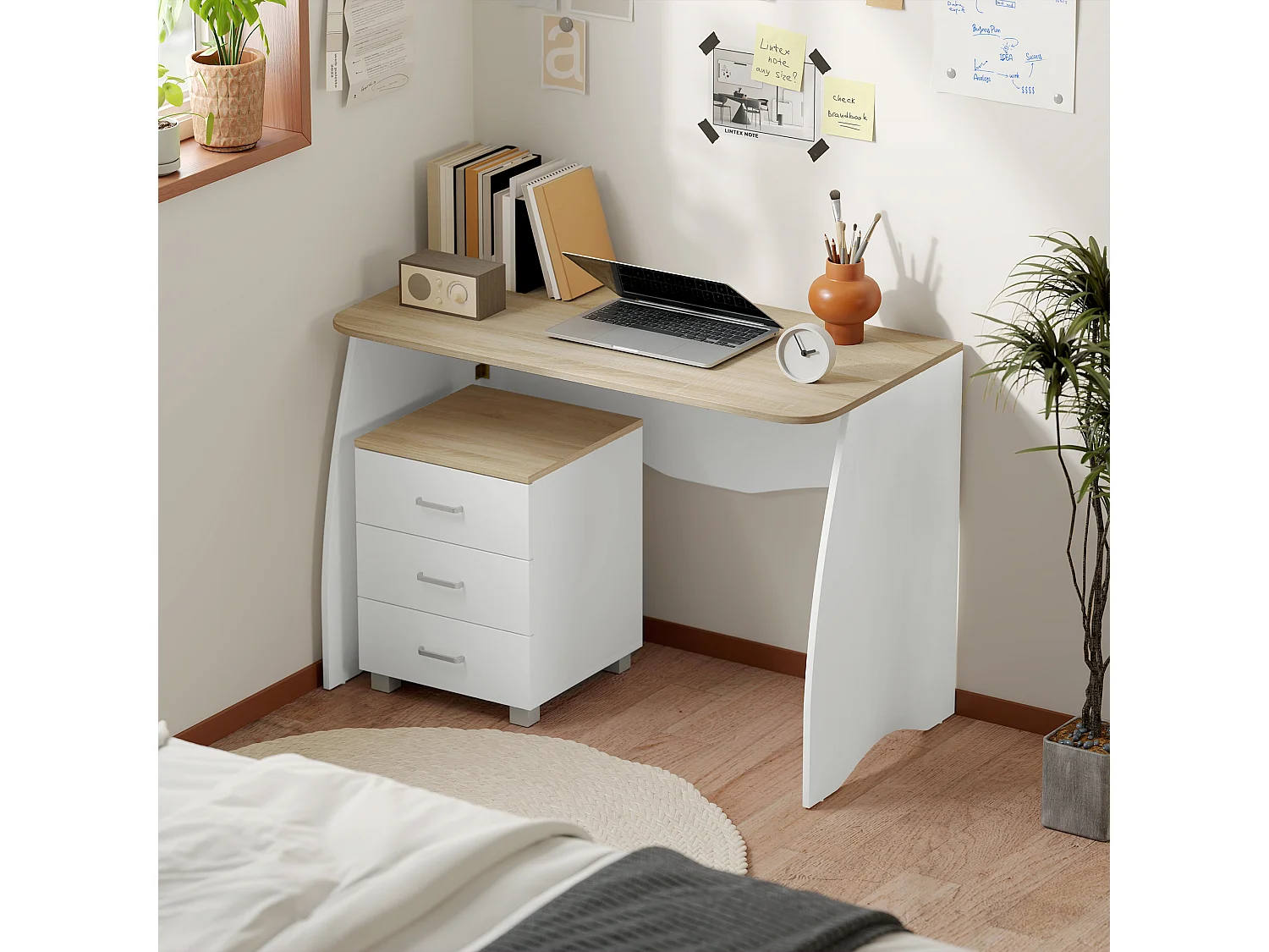 Scrivania con cassettiera moderna in legno per camera e ufficio