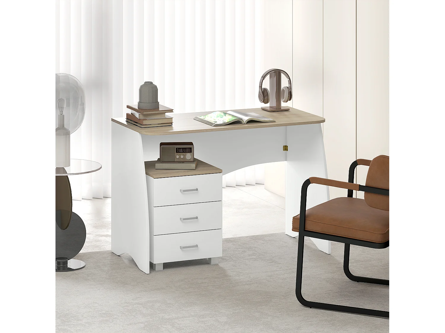 Scrivania con cassettiera moderna in legno per camera e ufficio