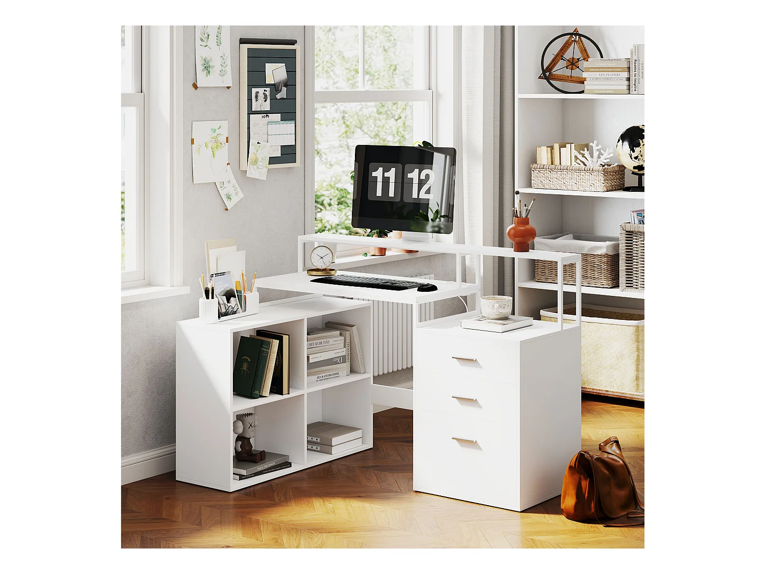 Scrivania Ufficio con 2 Tavoli 4 Ripiani 3 Cassetti e Supporto Monitor