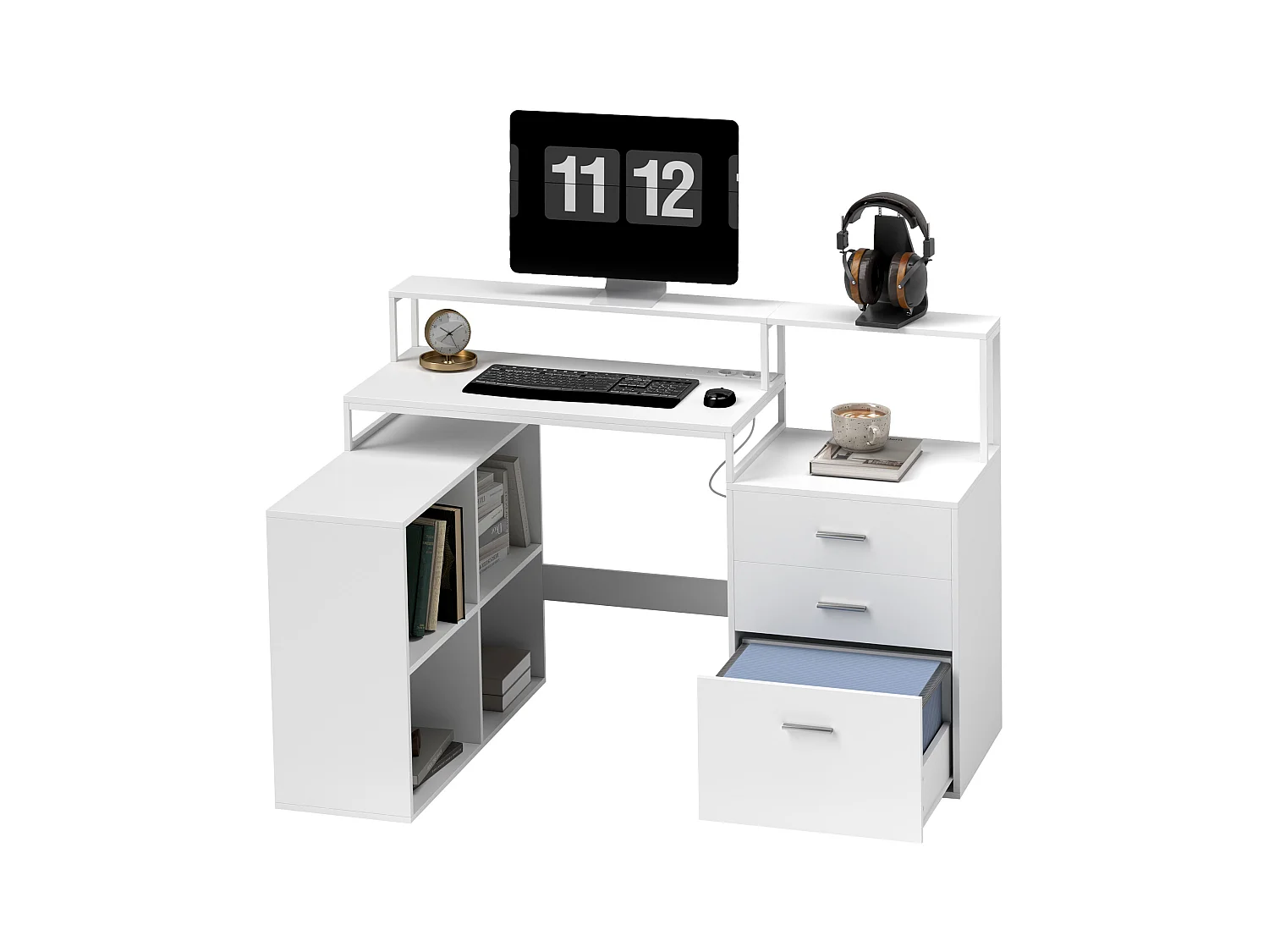 Scrivania Ufficio con 2 Tavoli 4 Ripiani 3 Cassetti e Supporto Monitor