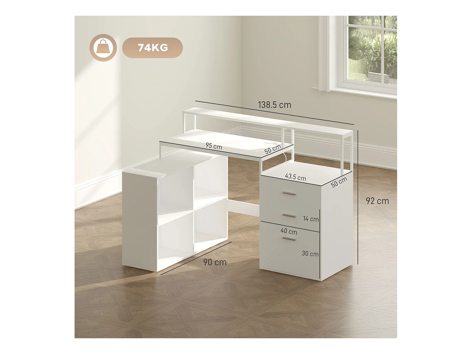 Scrivania Ufficio con 2 Tavoli 4 Ripiani 3 Cassetti e Supporto Monitor