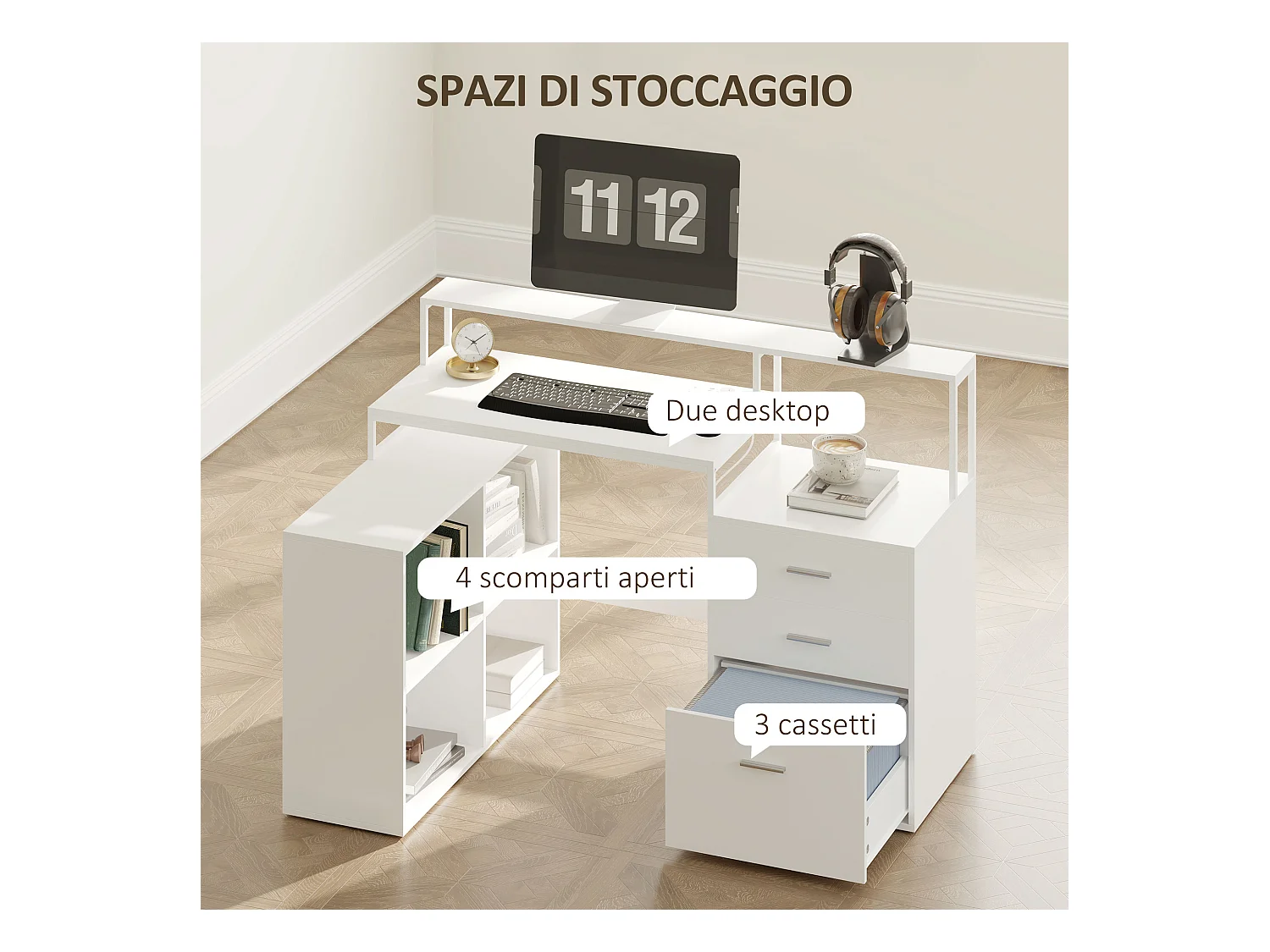 Scrivania Ufficio con 2 Tavoli 4 Ripiani 3 Cassetti e Supporto Monitor