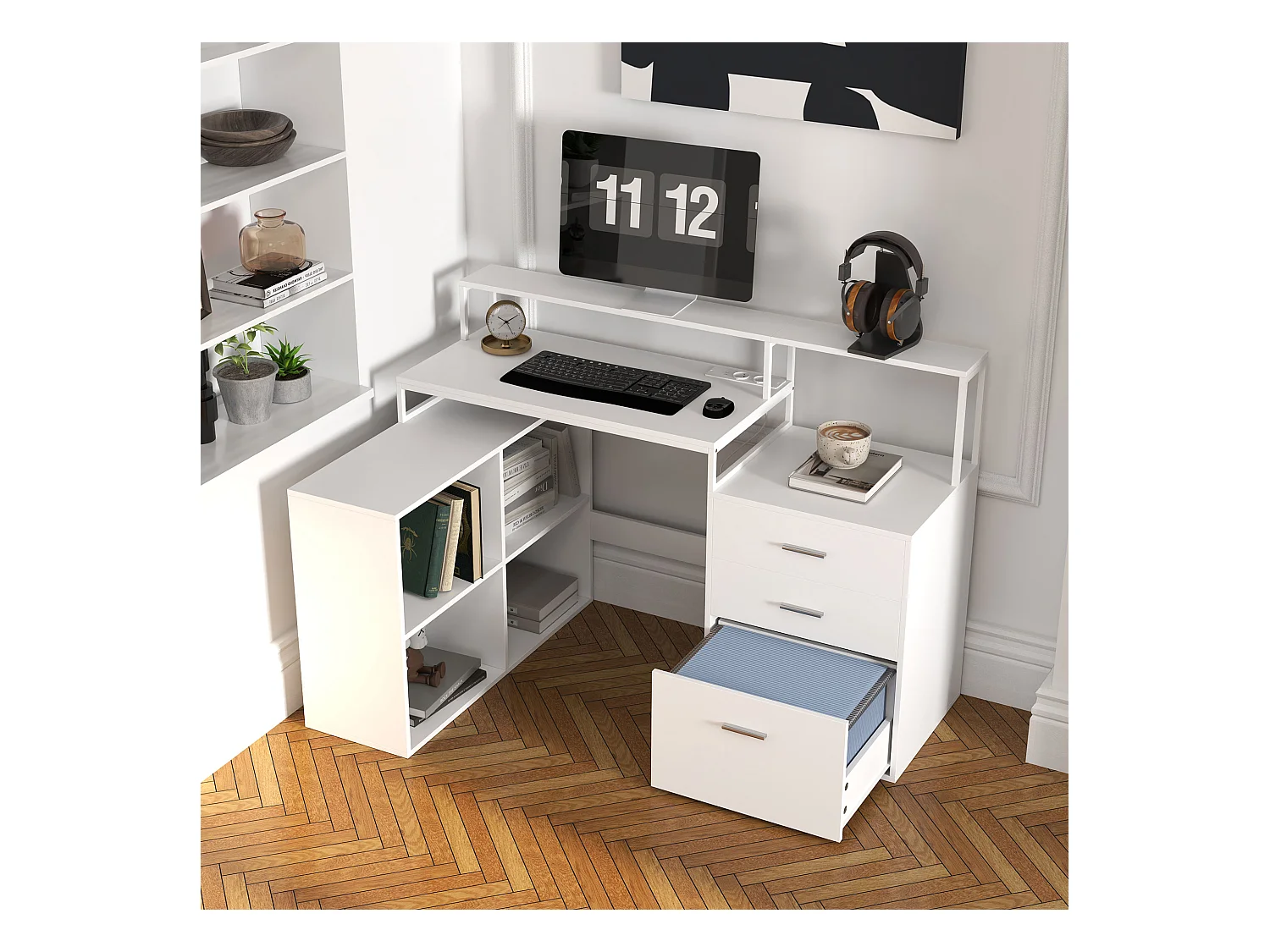 Scrivania Ufficio con 2 Tavoli 4 Ripiani 3 Cassetti e Supporto Monitor