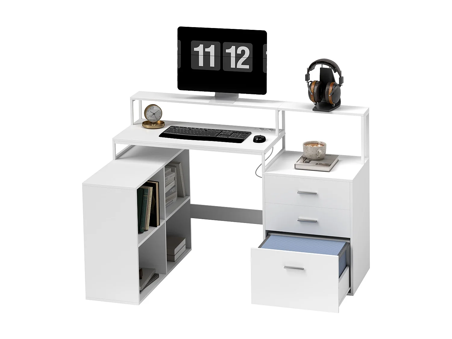 Scrivania Ufficio con 2 Tavoli 4 Ripiani 3 Cassetti e Supporto Monitor