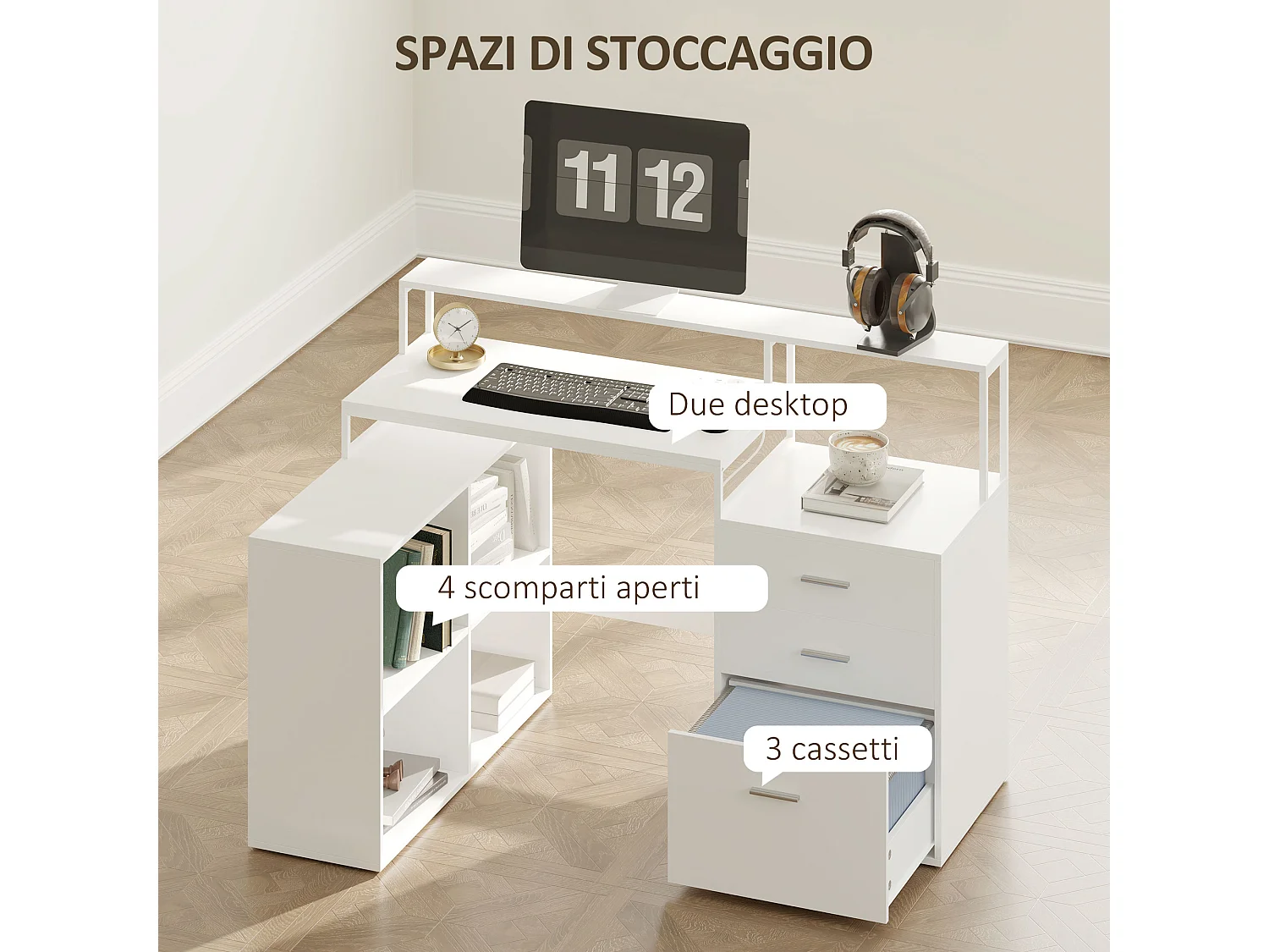 Scrivania Ufficio con 2 Tavoli 4 Ripiani 3 Cassetti e Supporto Monitor