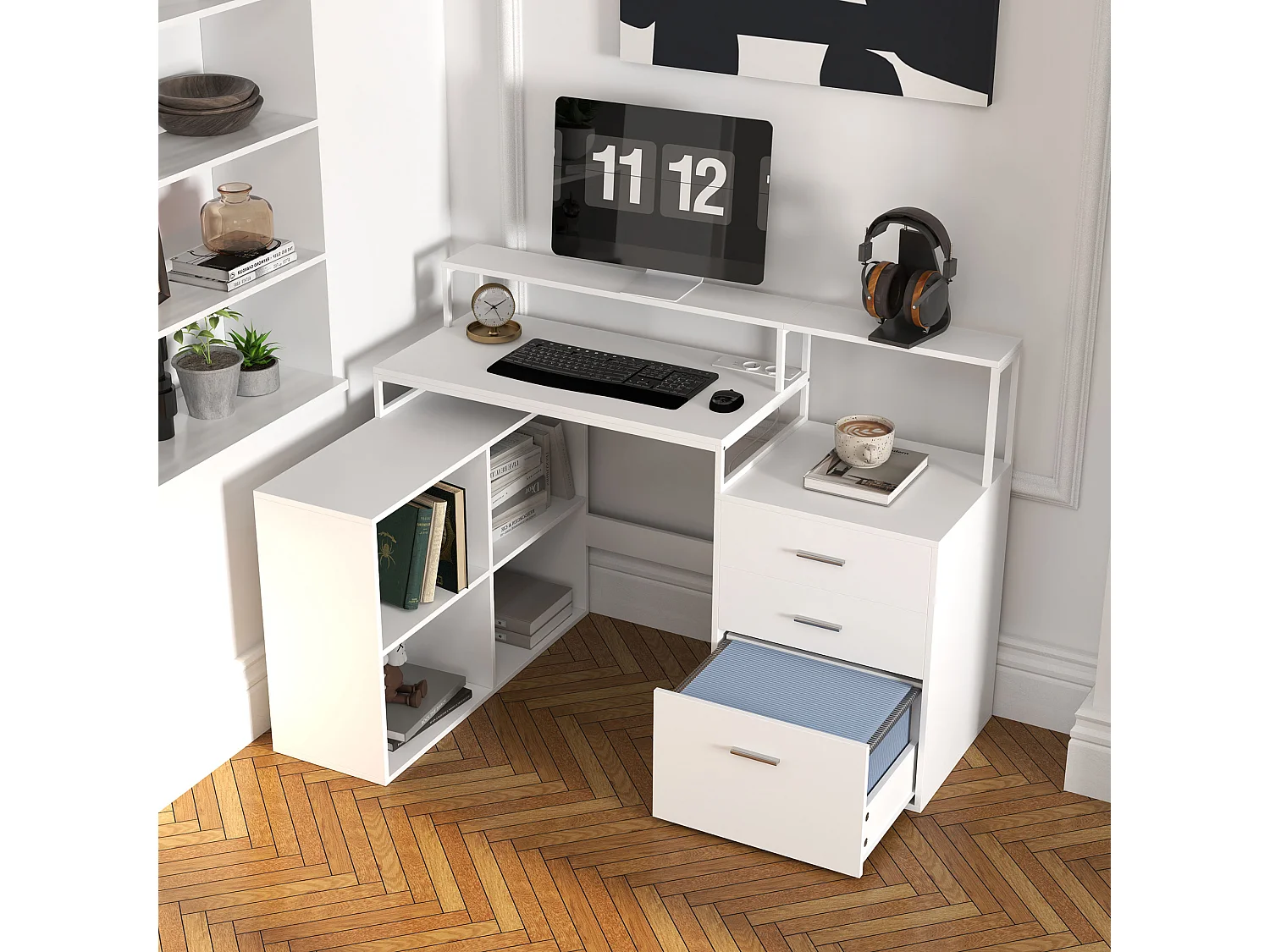 Scrivania Ufficio con 2 Tavoli 4 Ripiani 3 Cassetti e Supporto Monitor