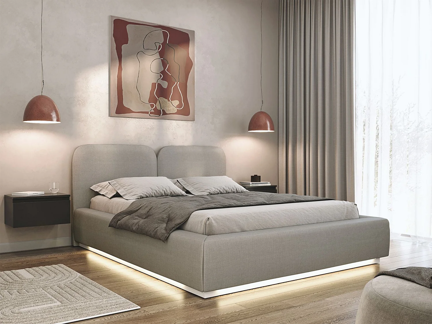 Lit tapissé avec LED 160×200 - chenille - beige foncé - COMOVES
