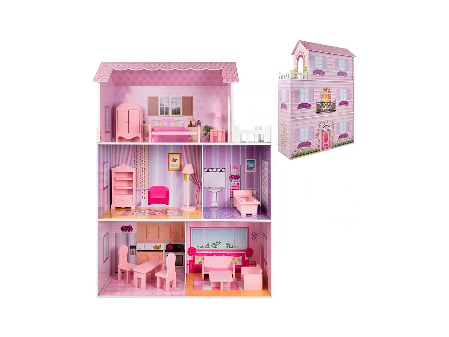 Casita de muñecas de madera Woomax 3 plantas 14 accesorios +3A rosa 112x80x31 cm