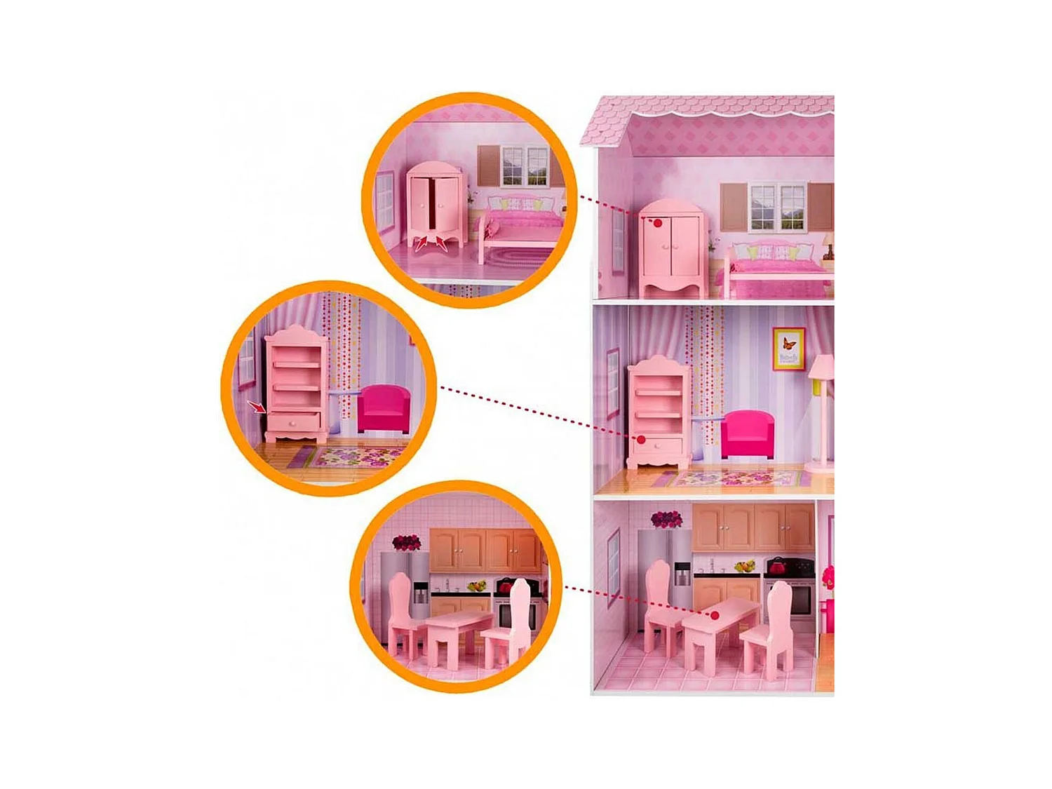 Casita de muñecas de madera Woomax 3 plantas 14 accesorios +3A rosa 112x80x31 cm