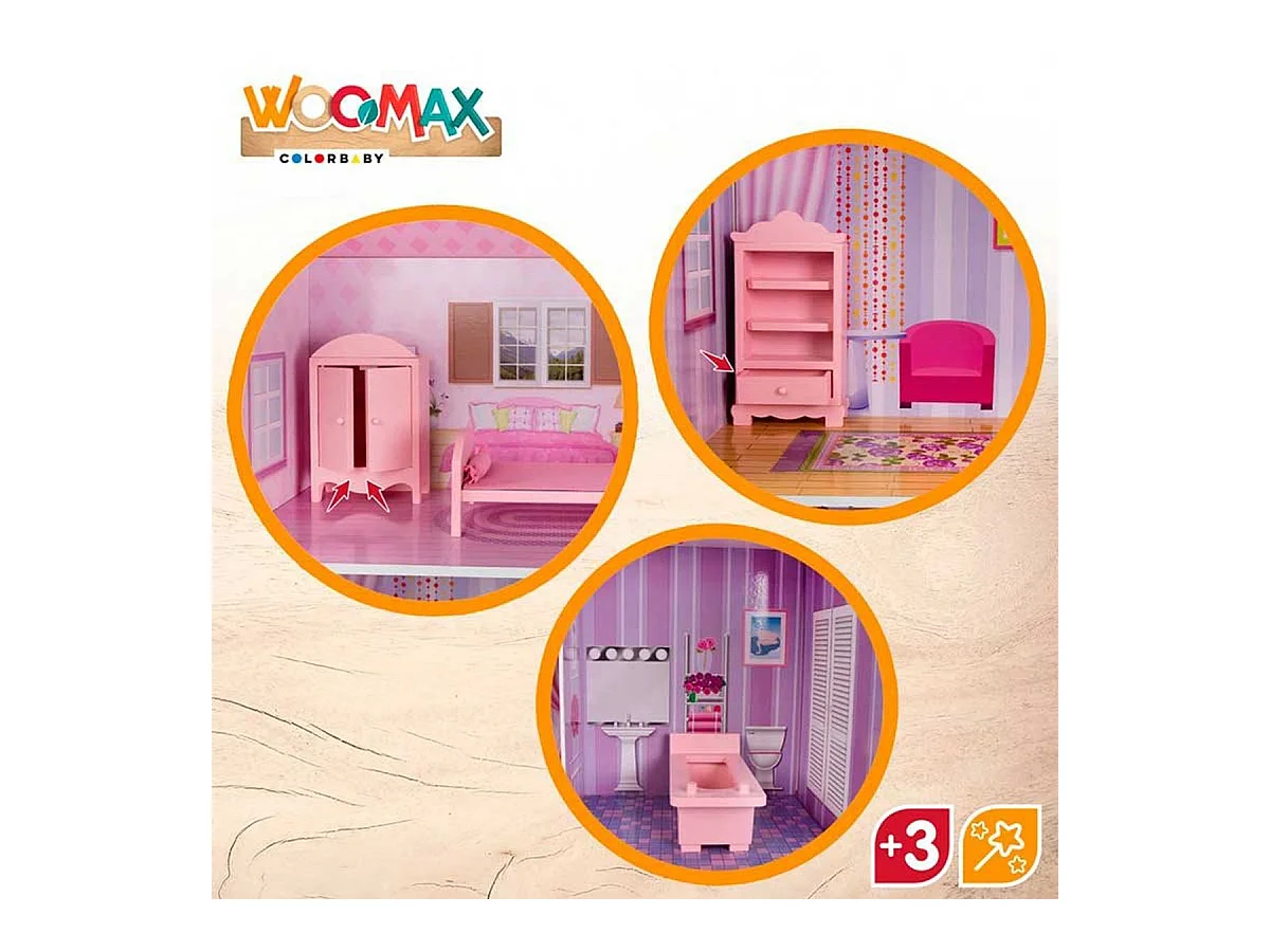Casita de muñecas de madera Woomax 3 plantas 14 accesorios +3A rosa 112x80x31 cm