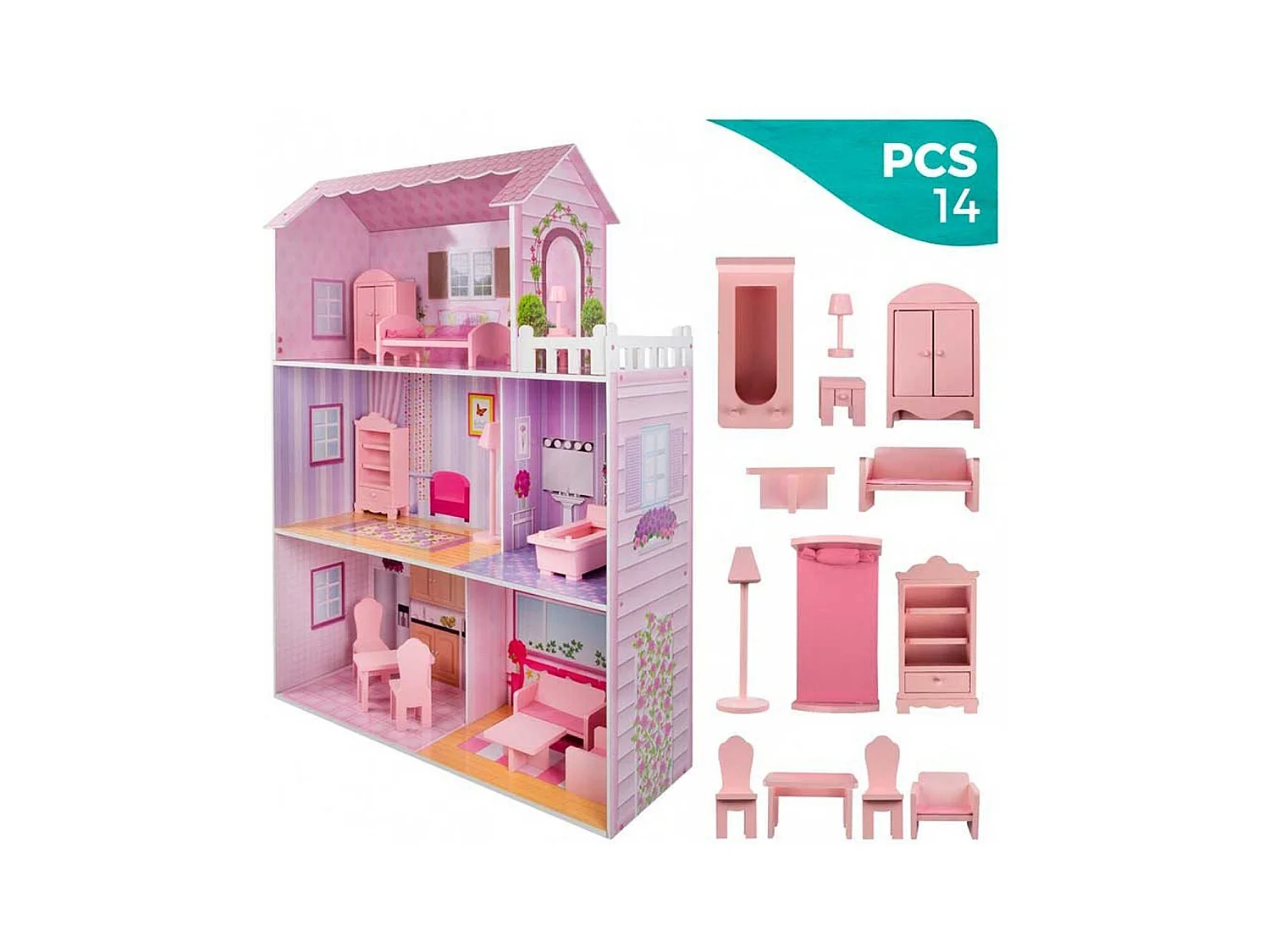 Casita de muñecas de madera Woomax 3 plantas 14 accesorios +3A rosa 112x80x31 cm