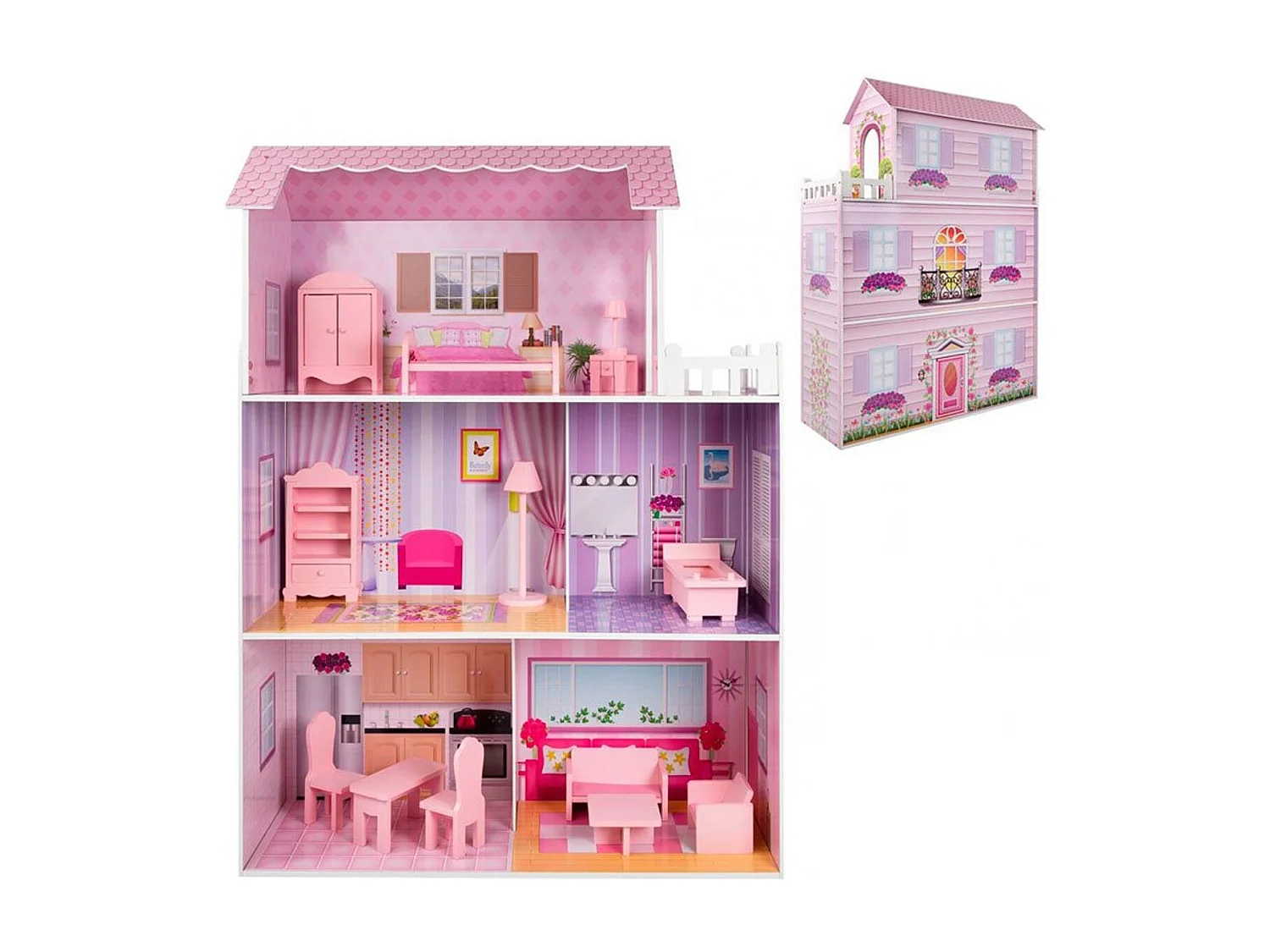 Casita de muñecas de madera Woomax 3 plantas 14 accesorios +3A rosa 112x80x31 cm