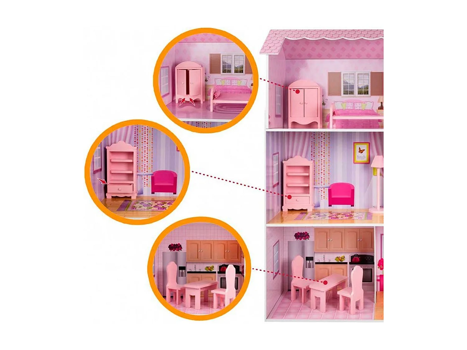 Casita de muñecas de madera Woomax 3 plantas 14 accesorios +3A rosa 112x80x31 cm