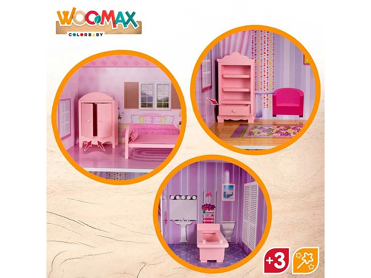 Casita de muñecas de madera Woomax 3 plantas 14 accesorios +3A rosa 112x80x31 cm