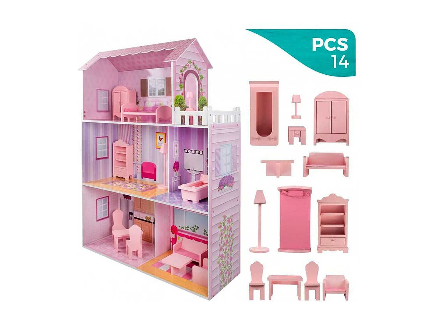 Casita de muñecas de madera Woomax 3 plantas 14 accesorios +3A rosa 112x80x31 cm