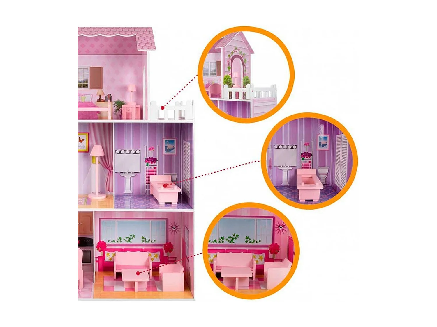 Casita de muñecas de madera Woomax 3 plantas 14 accesorios +3A rosa 112x80x31 cm