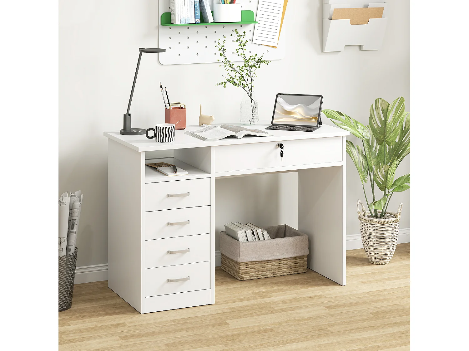 Scrivania per pc in legno con 2 cassetti 110x50x76cm bianco