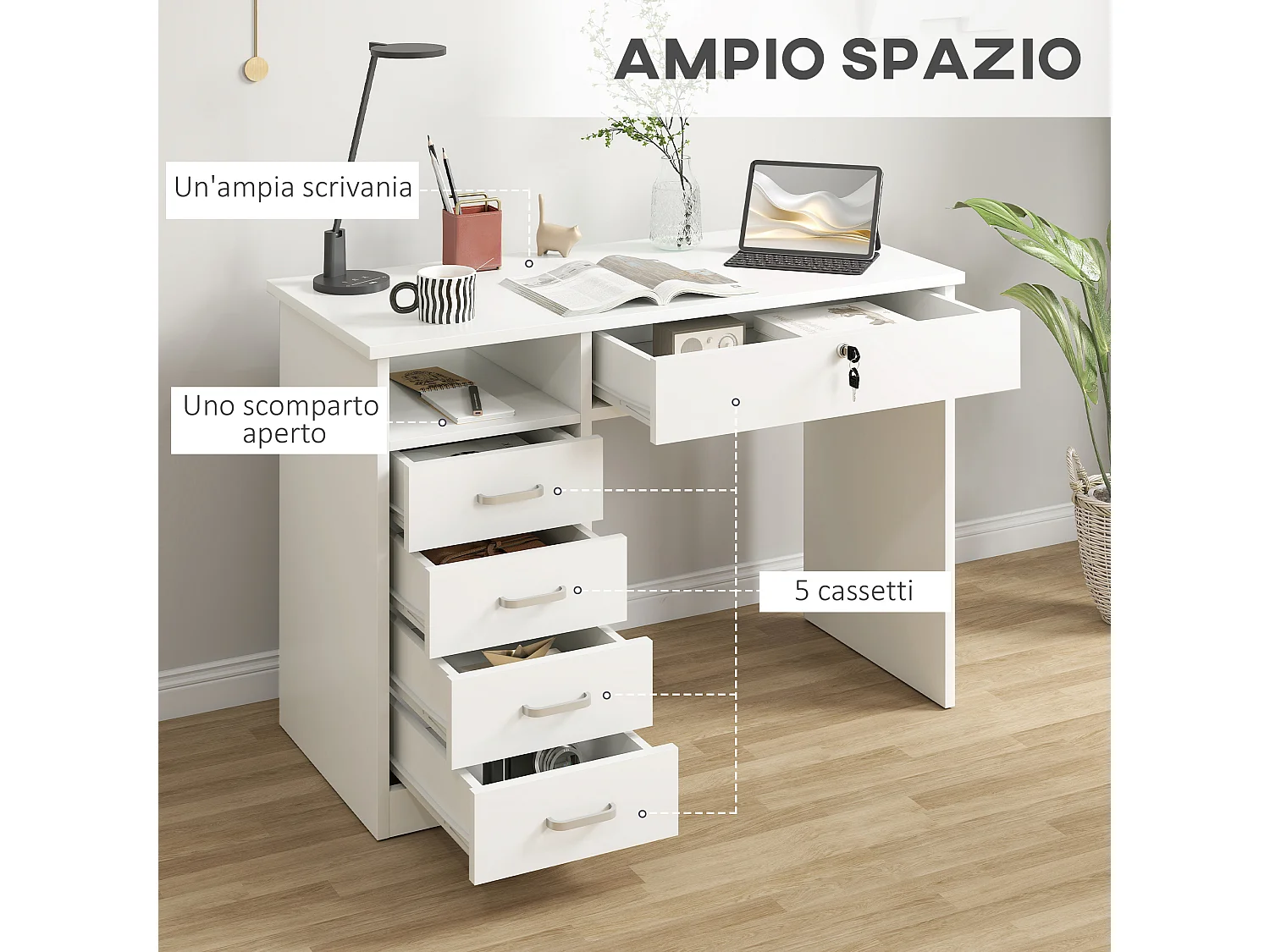 Scrivania per pc in legno con 2 cassetti 110x50x76cm bianco