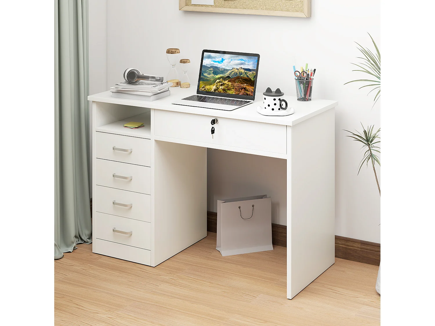 Scrivania per pc in legno con 2 cassetti 110x50x76cm bianco