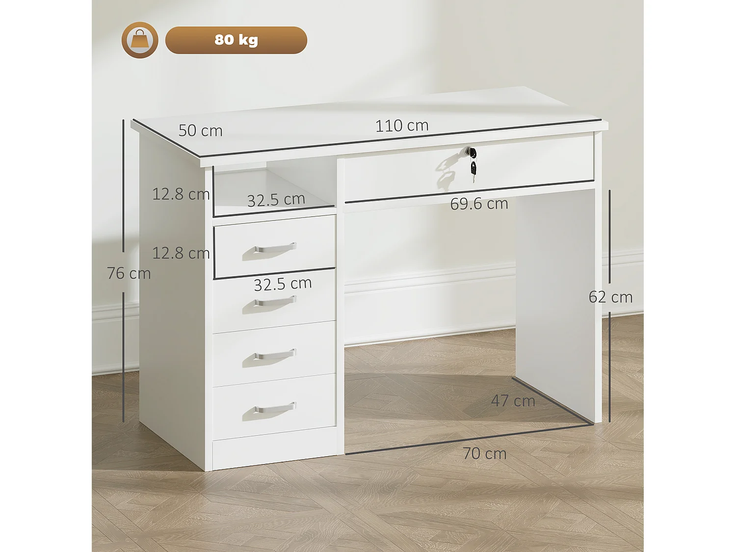 Scrivania per pc in legno con 2 cassetti 110x50x76cm bianco