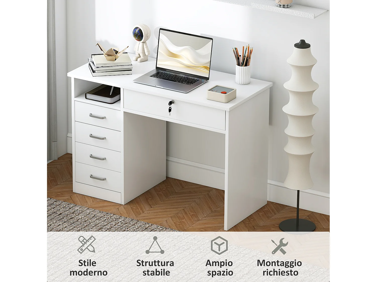 Scrivania per pc in legno con 2 cassetti 110x50x76cm bianco