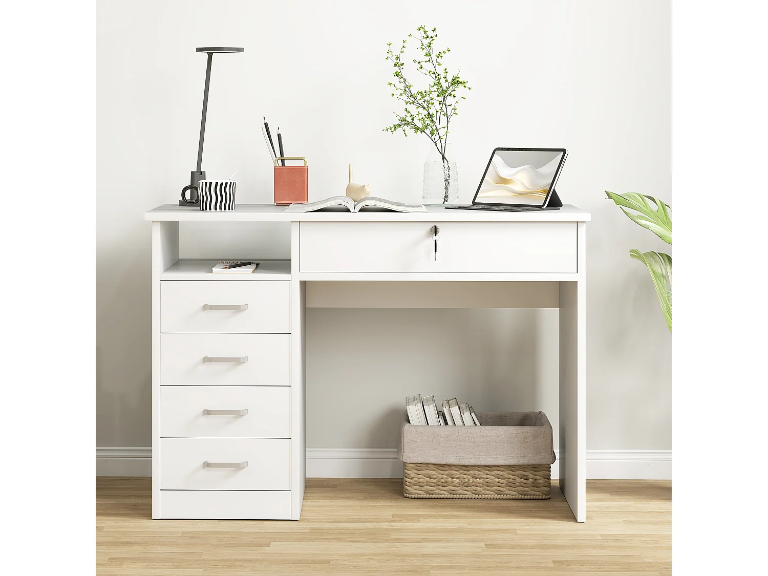 Scrivania per pc in legno con 2 cassetti 110x50x76cm bianco