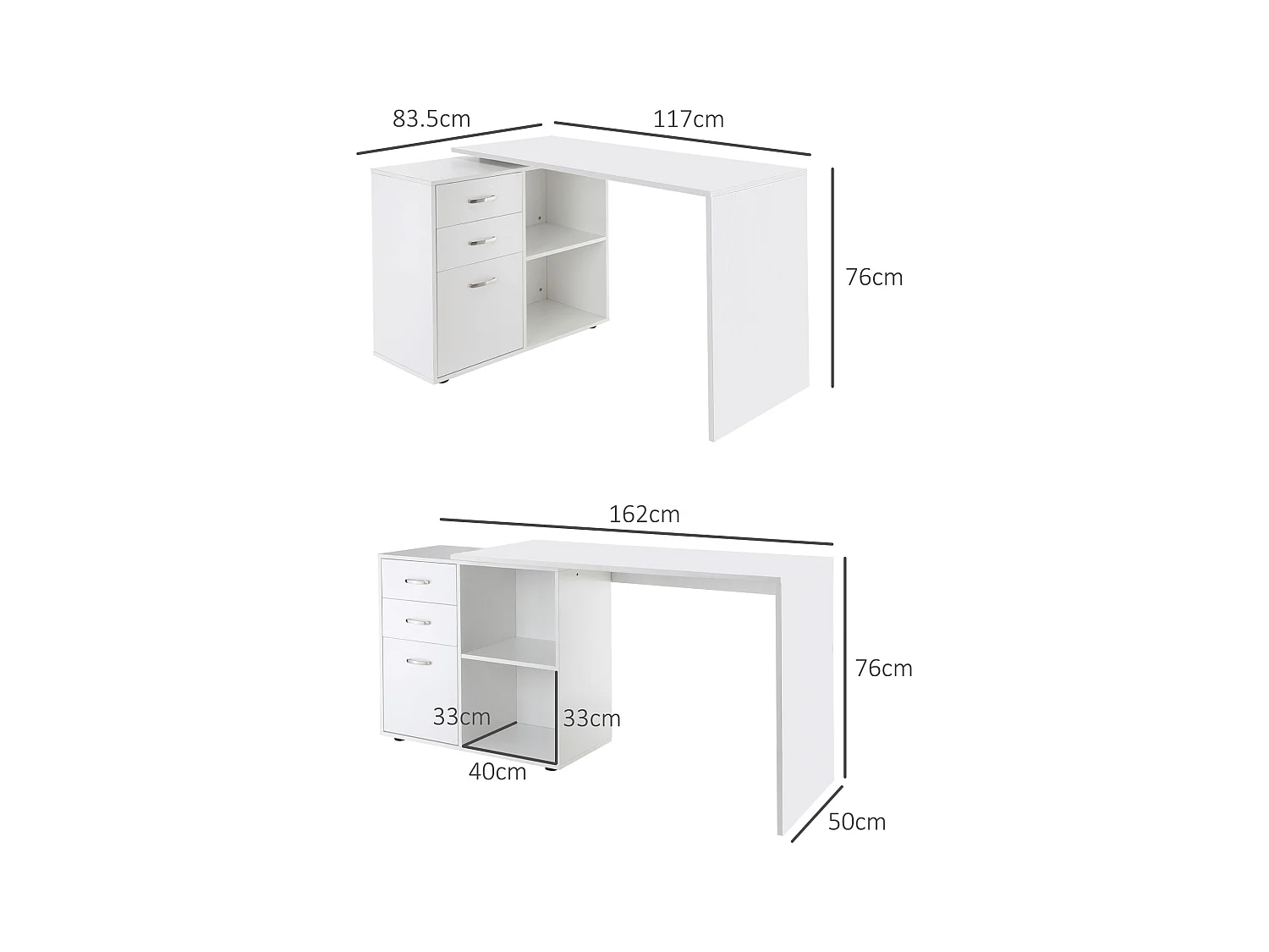 Scrivania angolare con cassettiera in mdf e metallo bianco