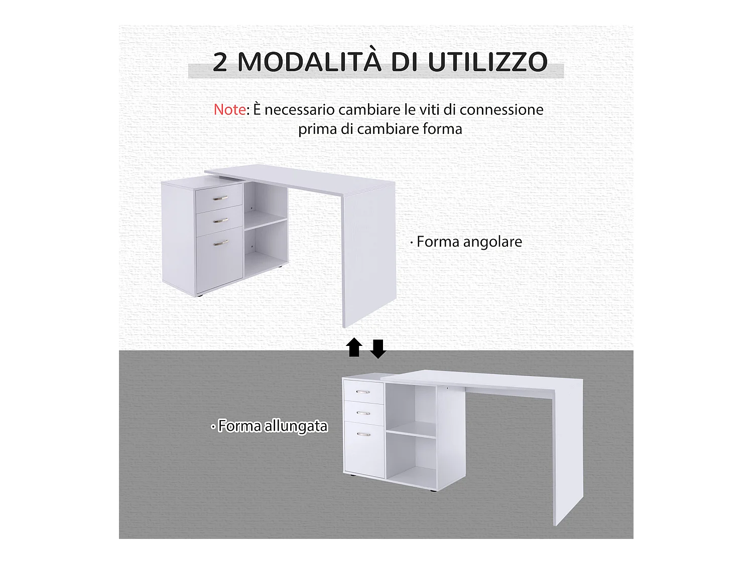 Scrivania angolare con cassettiera in mdf e metallo bianco