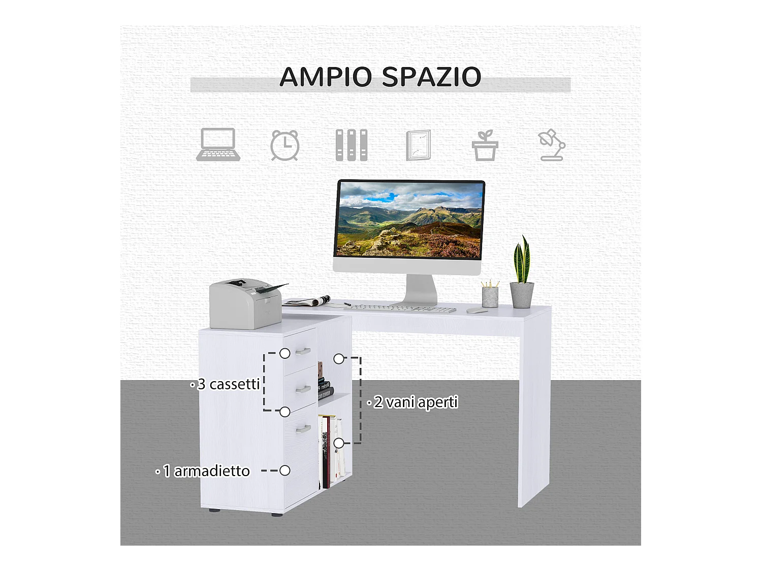 Scrivania angolare con cassettiera in mdf e metallo bianco