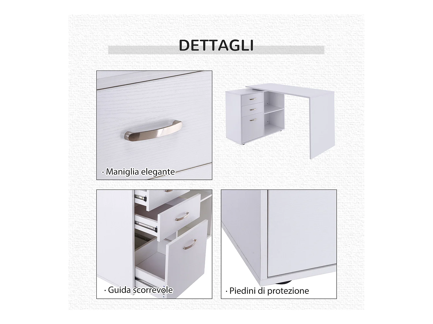 Scrivania angolare con cassettiera in mdf e metallo bianco