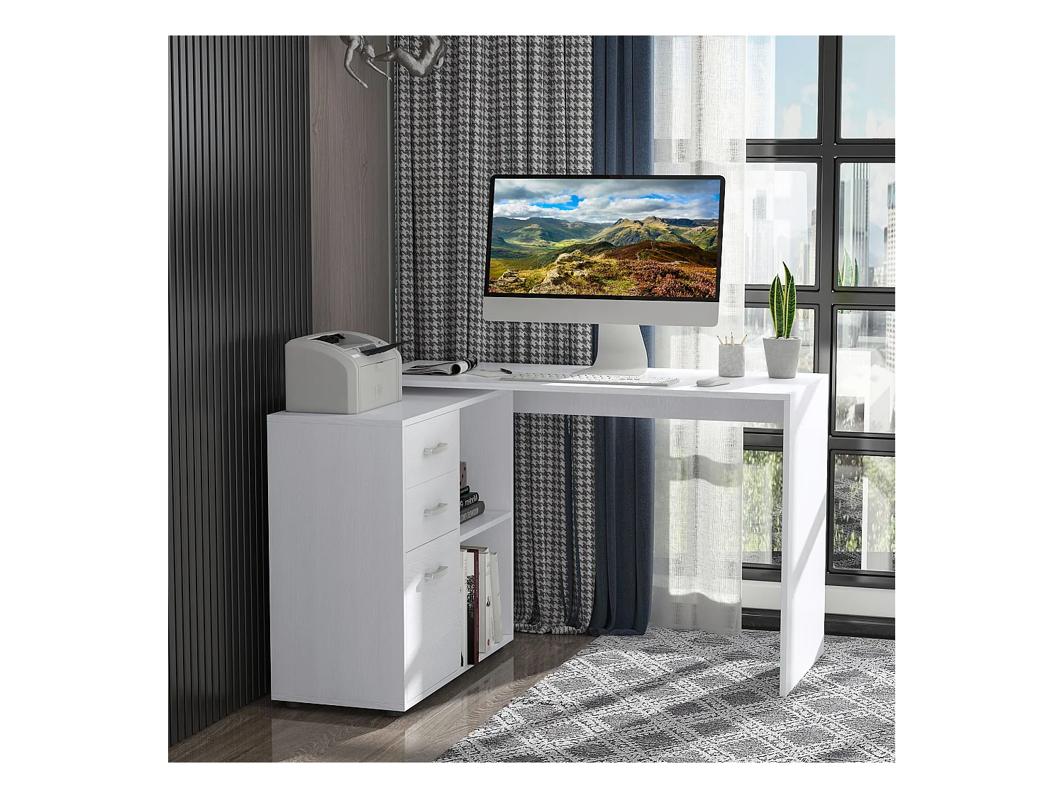 Scrivania angolare con cassettiera in mdf e metallo bianco