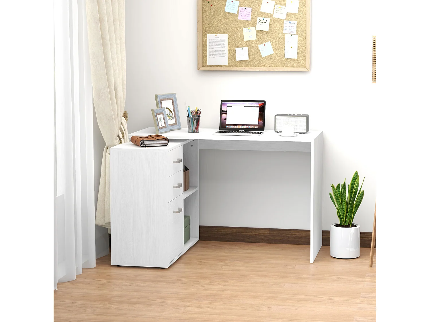 Scrivania angolare con cassettiera in mdf e metallo bianco