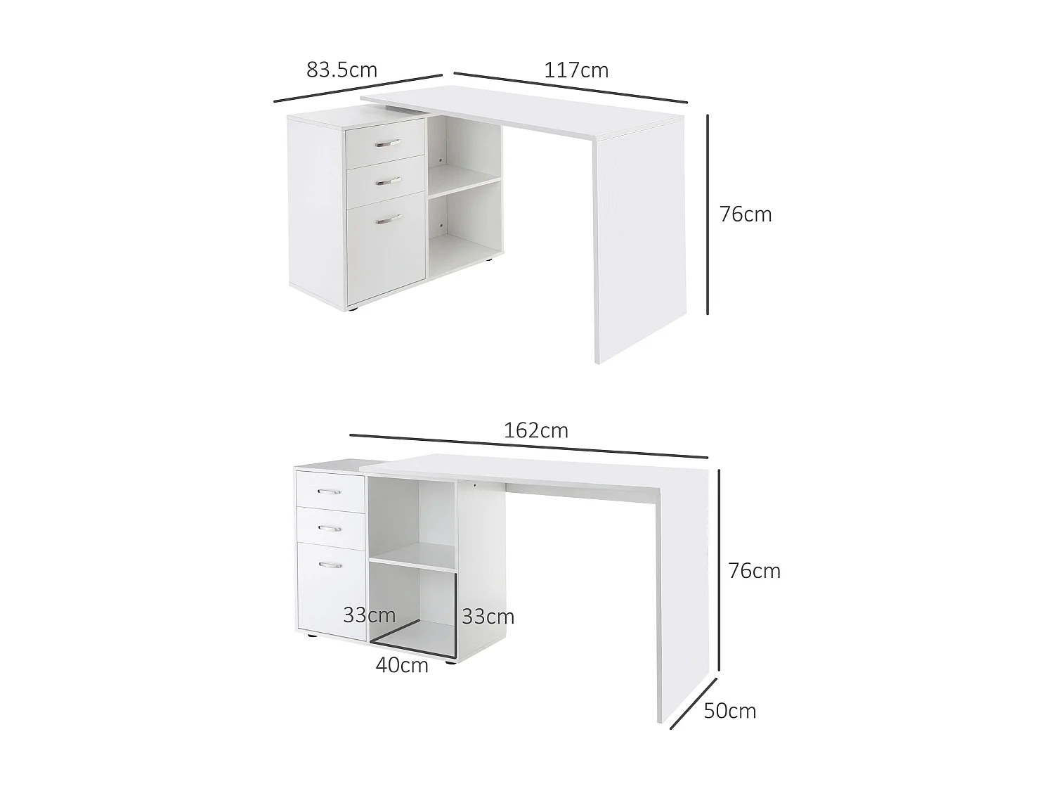 Scrivania angolare con cassettiera in mdf e metallo bianco