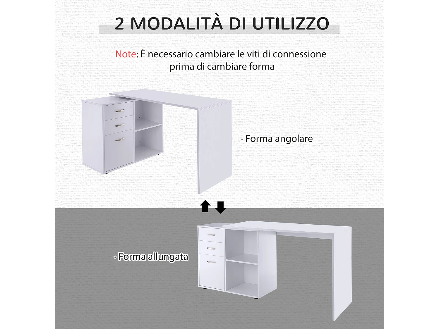 Scrivania angolare con cassettiera in mdf e metallo bianco