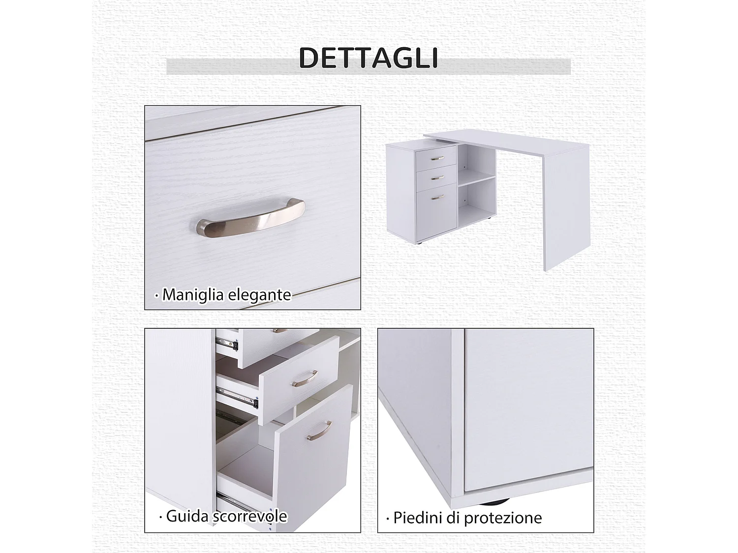 Scrivania angolare con cassettiera in mdf e metallo bianco