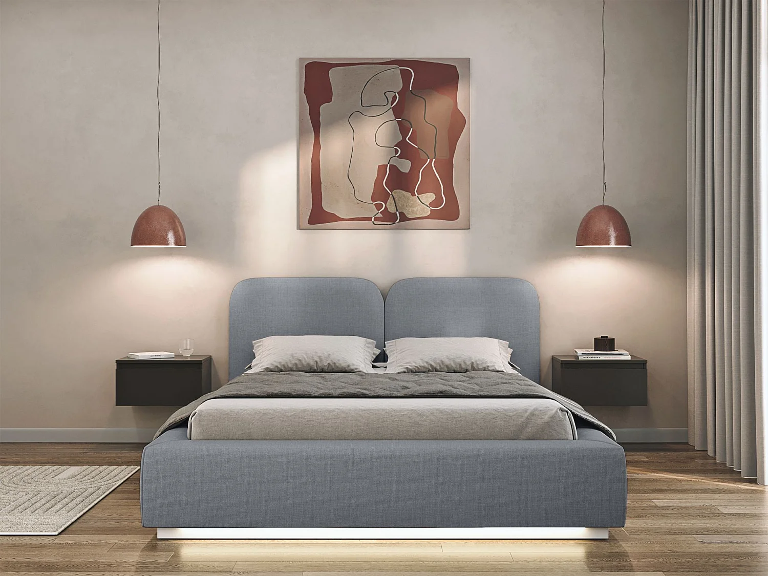 Gestoffeerd bed 180x200 met chenille bekleding – LED – Grijs – COMOVES