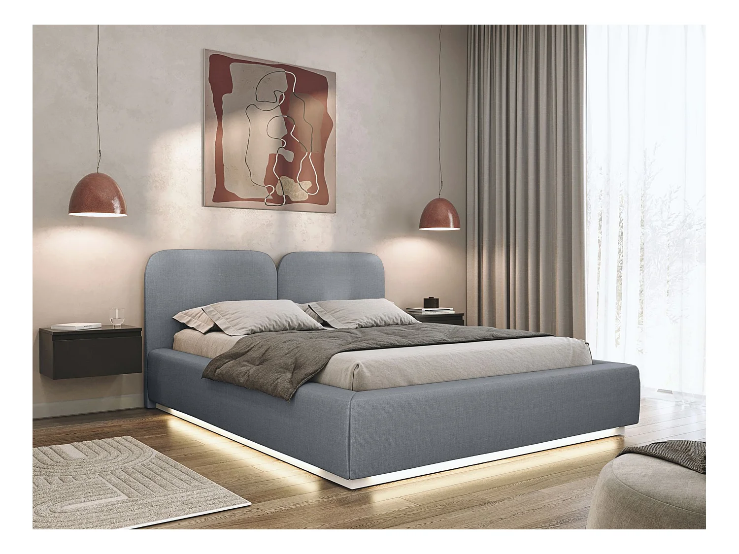 Gestoffeerd bed 180x200 met chenille bekleding – LED – Grijs – COMOVES