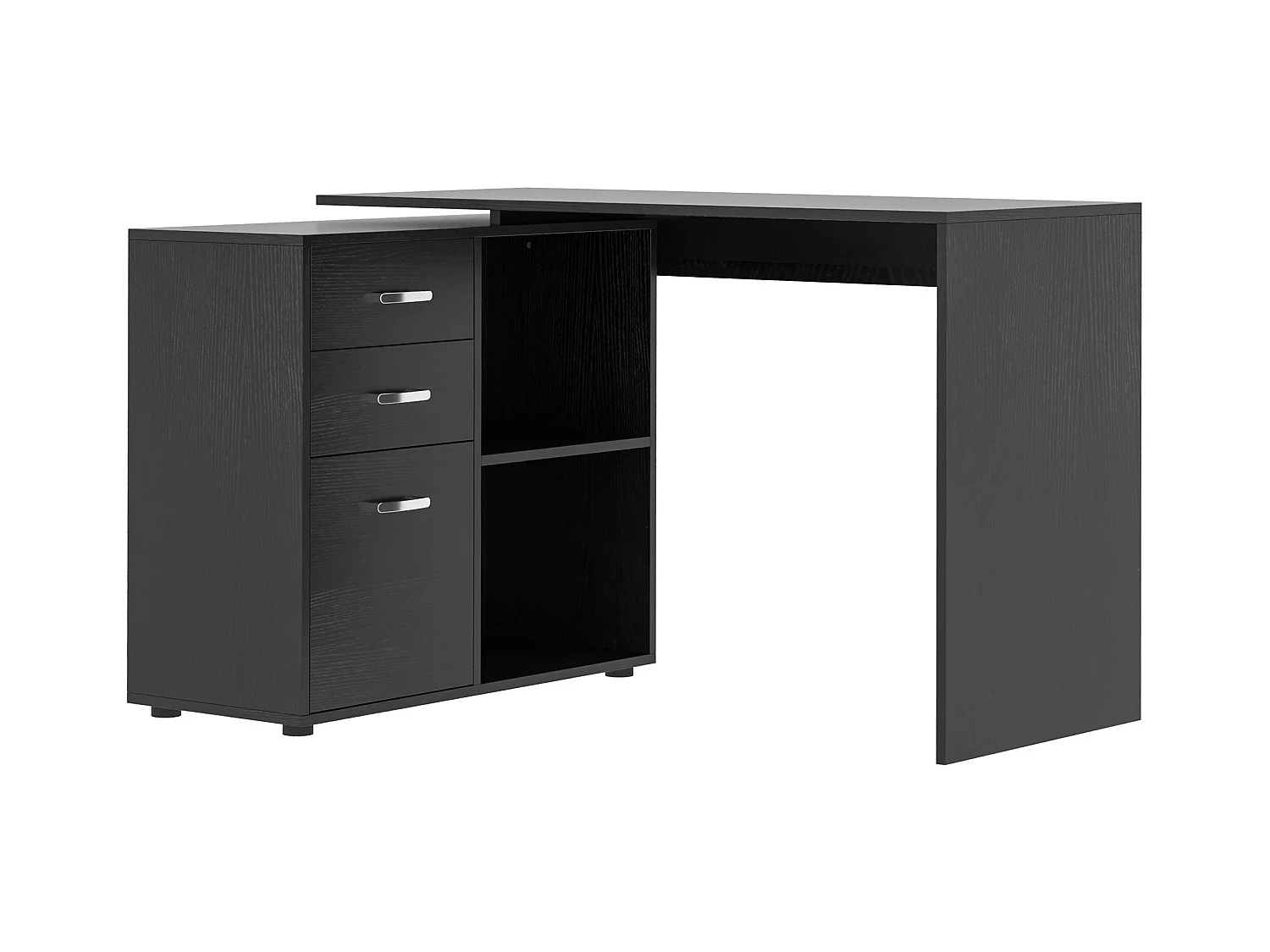 Scrivania angolare forma a l per pc con 2 cassetti e ripiani aperti