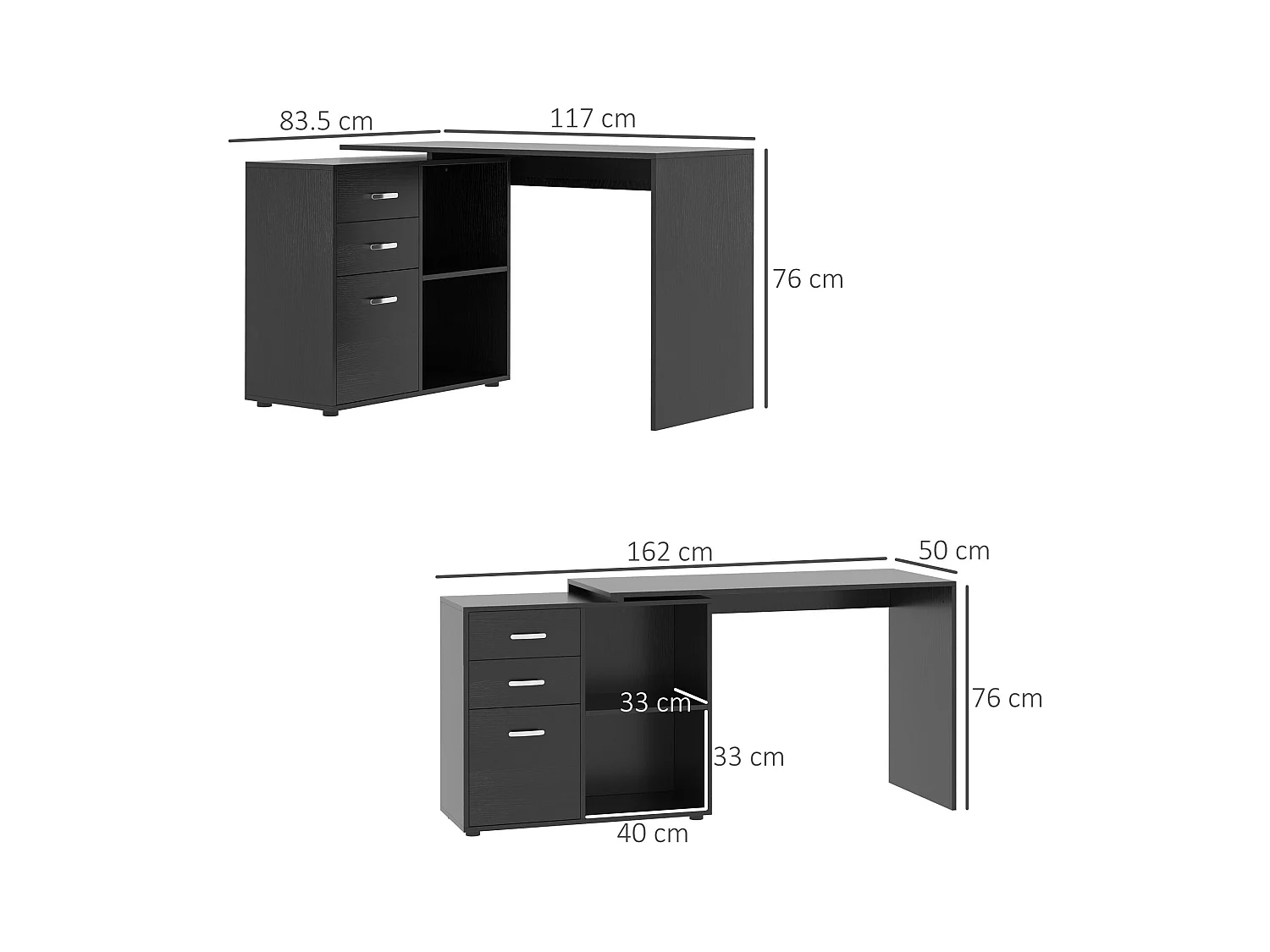 Scrivania angolare forma a l per pc con 2 cassetti e ripiani aperti