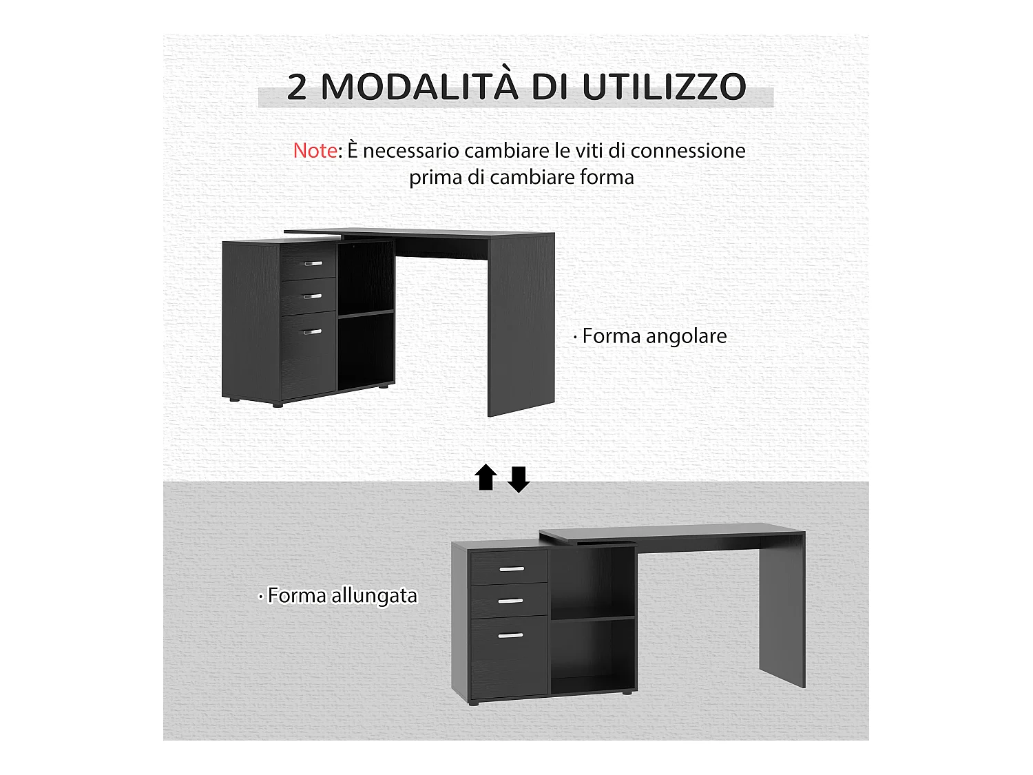 Scrivania angolare forma a l per pc con 2 cassetti e ripiani aperti