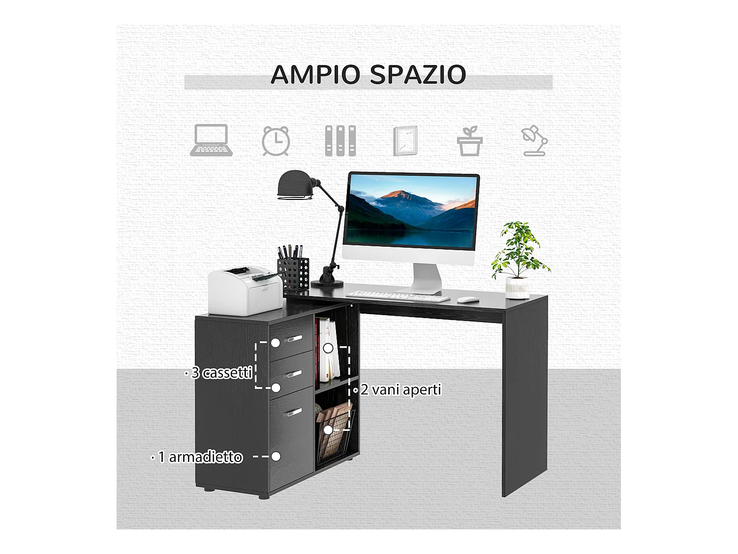 Scrivania angolare forma a l per pc con 2 cassetti e ripiani aperti