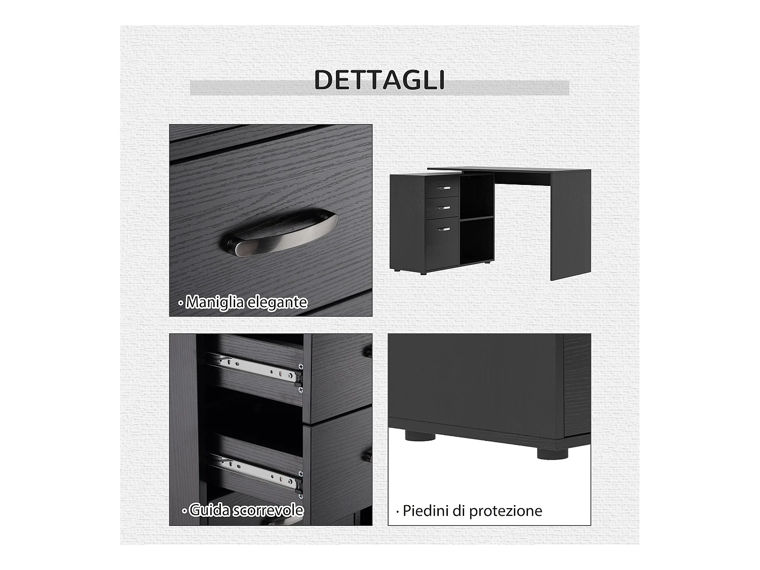 Scrivania angolare forma a l per pc con 2 cassetti e ripiani aperti