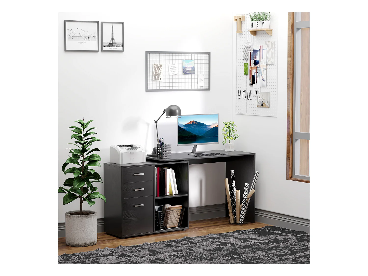 Scrivania angolare forma a l per pc con 2 cassetti e ripiani aperti