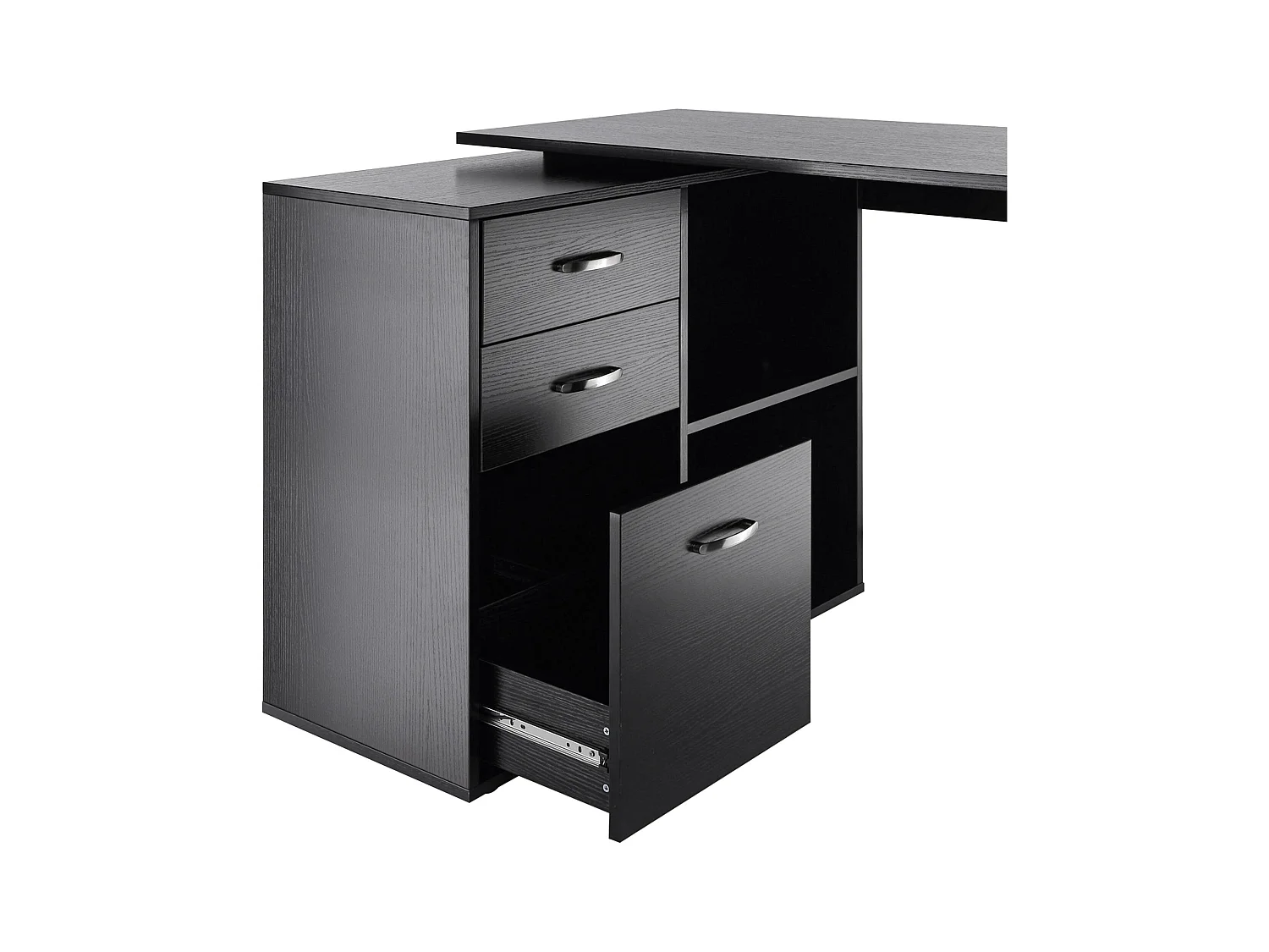 Scrivania angolare forma a l per pc con 2 cassetti e ripiani aperti