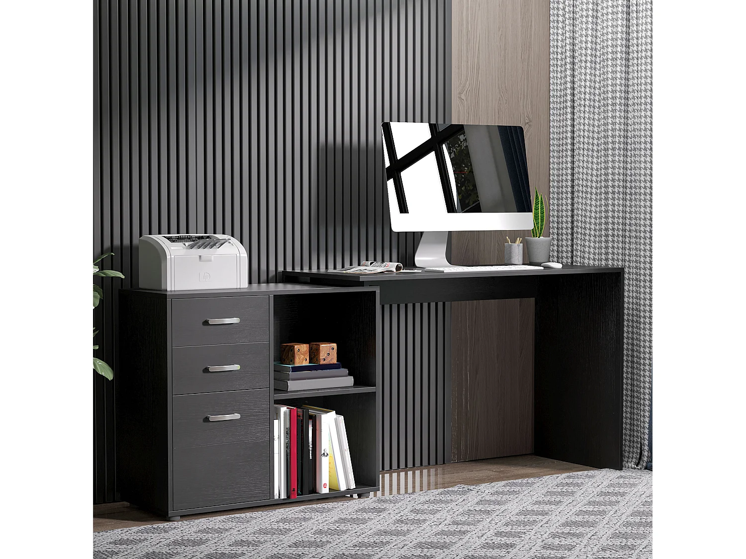 Scrivania angolare forma a l per pc con 2 cassetti e ripiani aperti