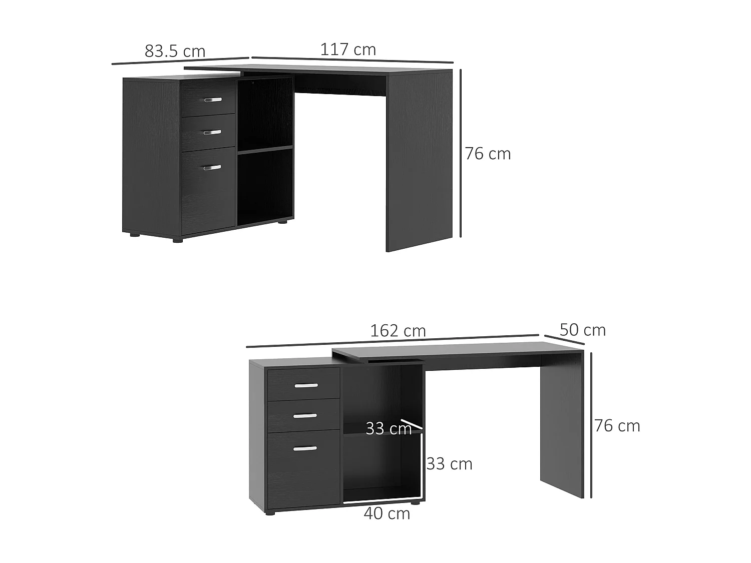 Scrivania angolare forma a l per pc con 2 cassetti e ripiani aperti
